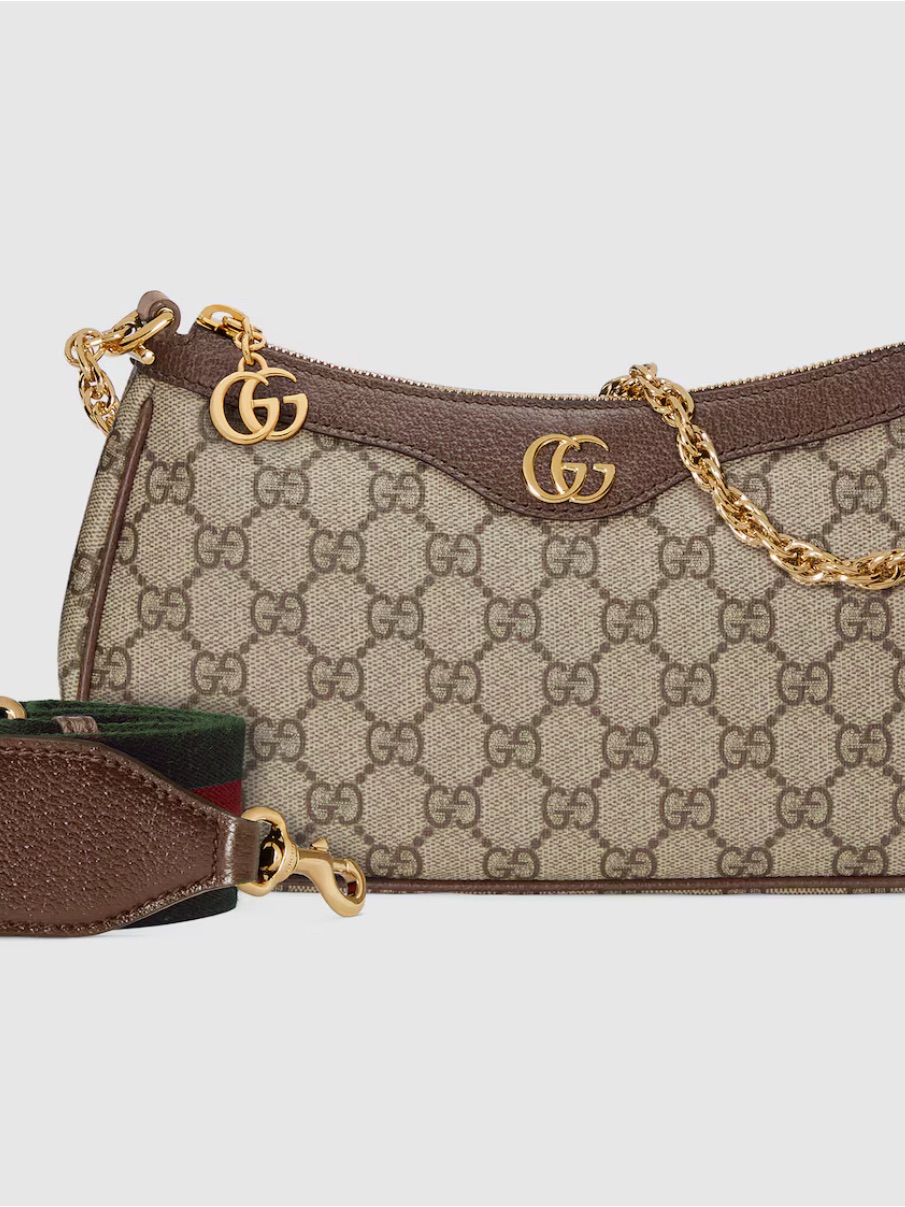 Gucci Beige Gg Supreme Canvas Shoulder Bag With Brown Trim And Gold Hardware